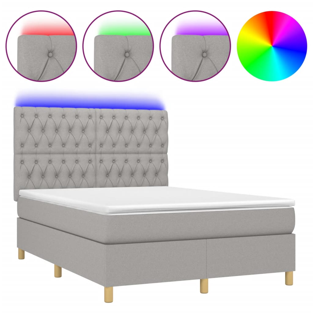 Krevet box spring s madracem LED svjetlosivi 140x190 cm tkanina