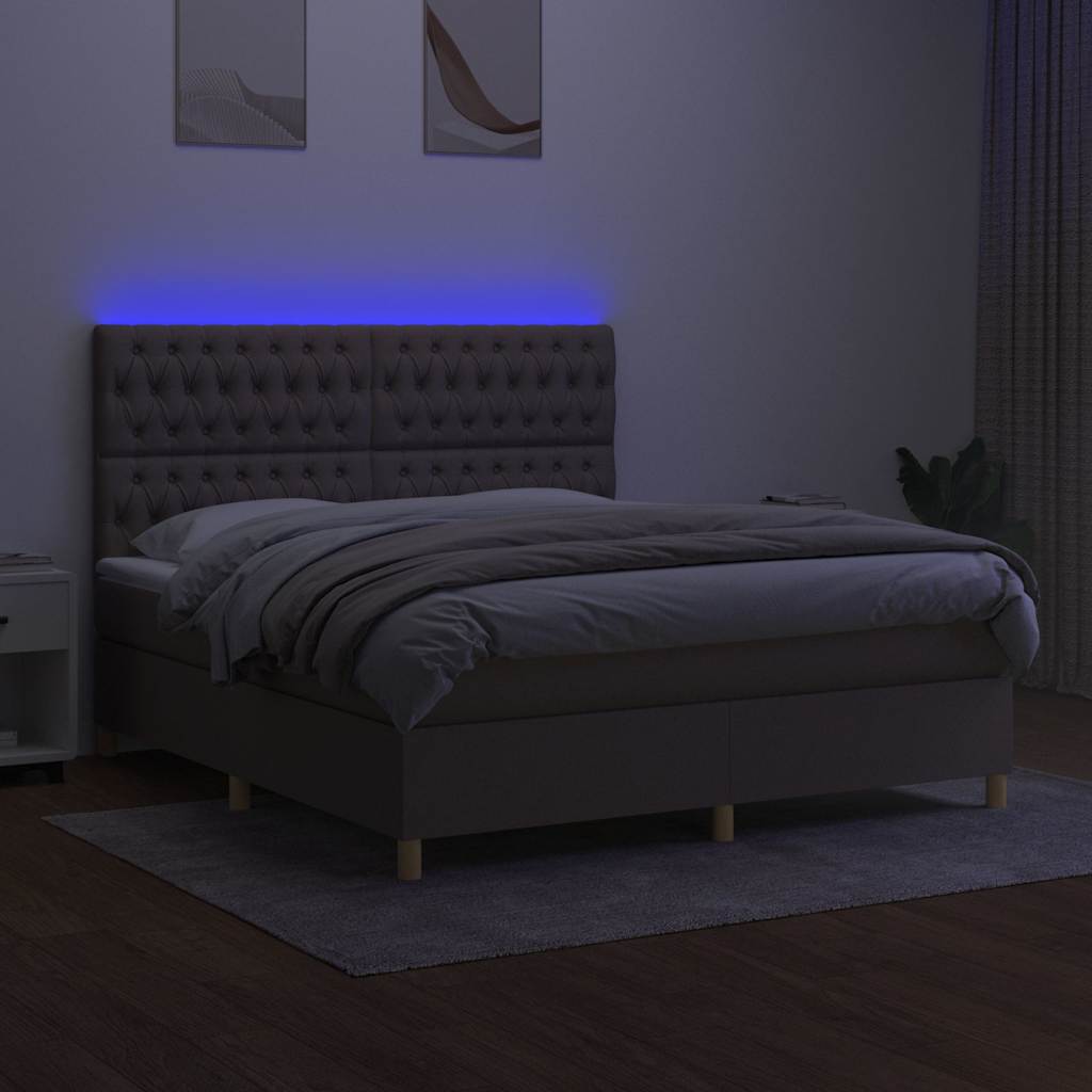 Krevet box spring s madracem LED smeđesivi 180x200 cm tkanina