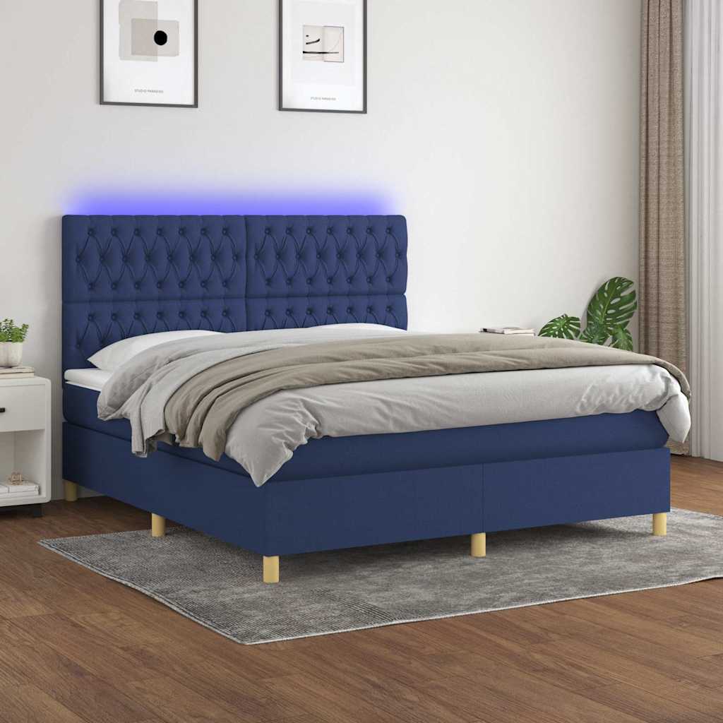 Krevet box spring s madracem LED plavi 180x200 cm od tkanine