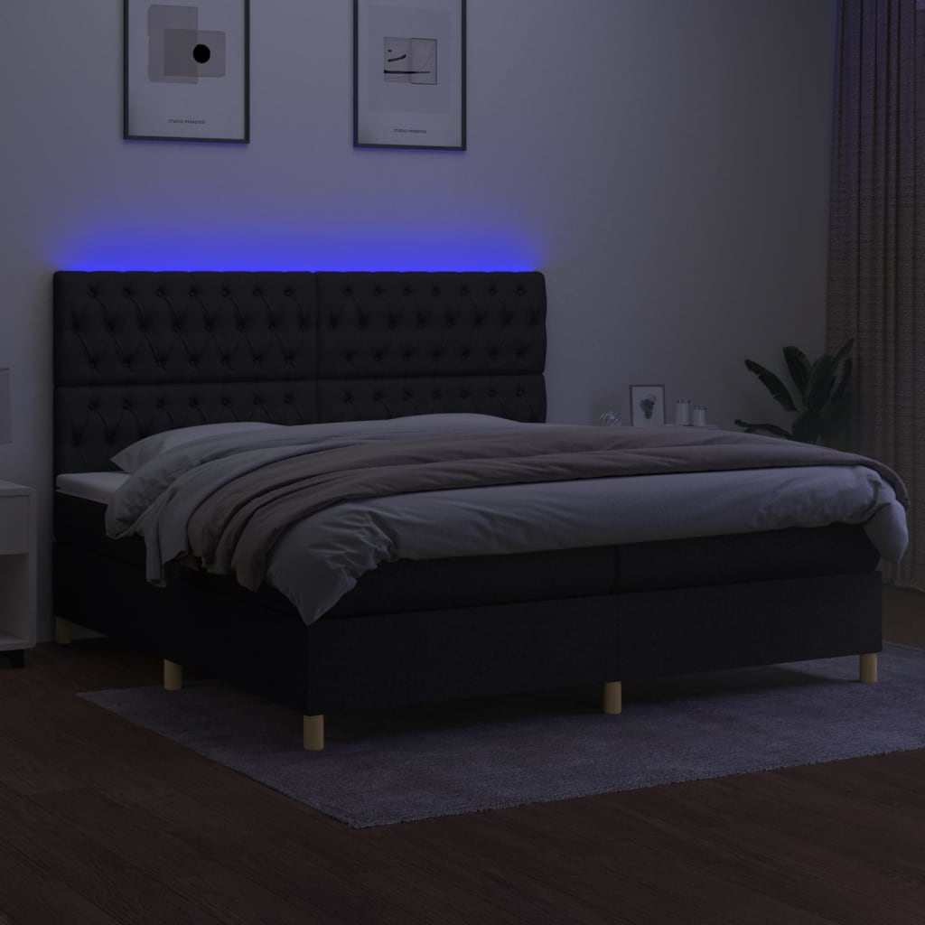 Krevet box spring s madracem LED crni 200x200 cm od tkanine