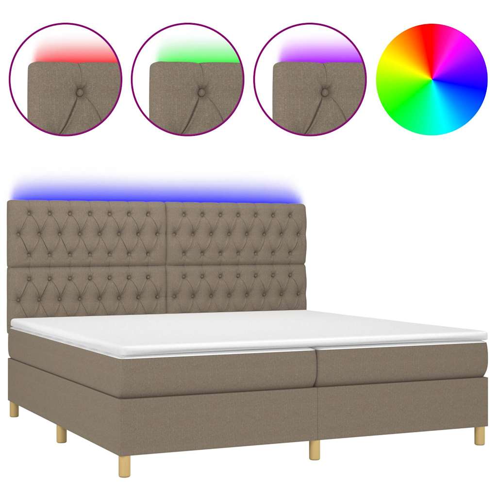 Krevet box spring s madracem LED smeđesivi 200x200 cm tkanina