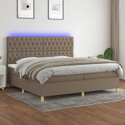 Krevet box spring s madracem LED smeđesivi 200x200 cm tkanina