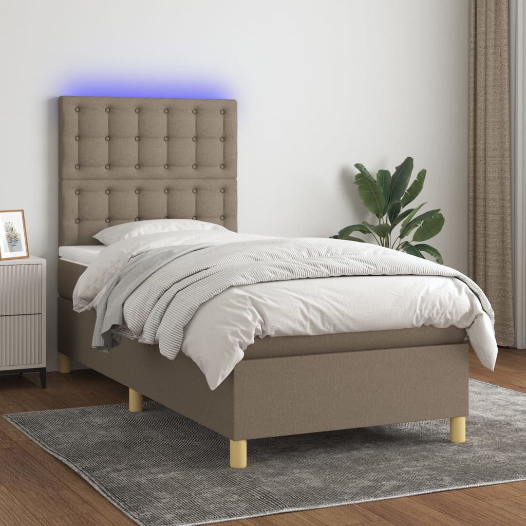Krevet box spring s madracem LED smeđesivi 80 x 200 cm tkanina