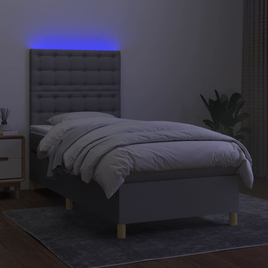 Krevet box spring s madracem LED svjetlosivi 90x190 cm tkanina