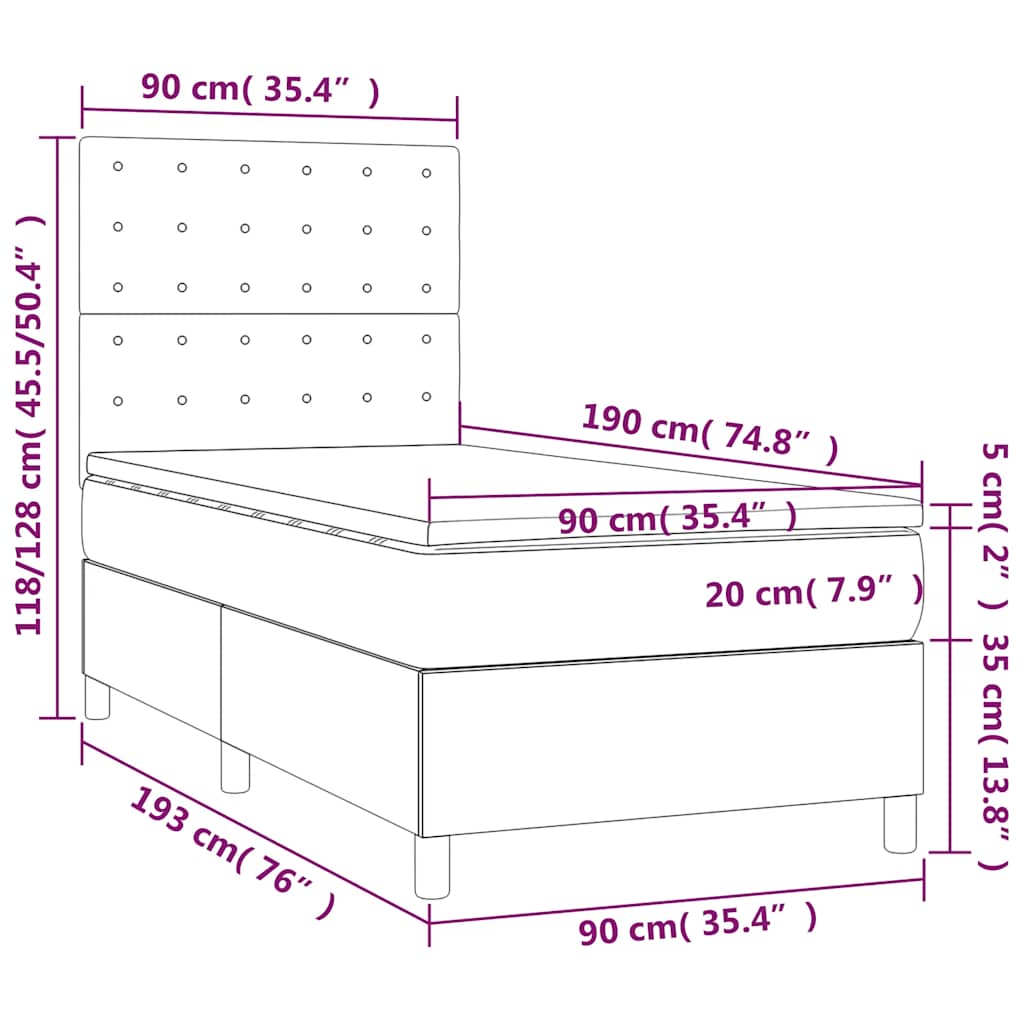 Krevet box spring s madracem LED crni 90x190 cm od tkanine