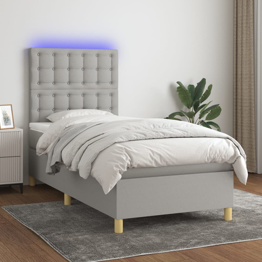 Krevet box spring s madracem LED svjetlosivi 90x200 cm tkanina