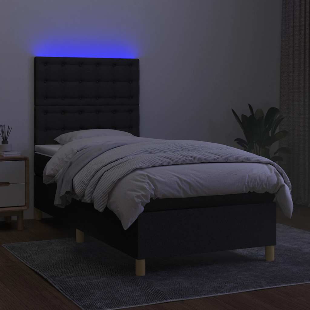 Krevet box spring s madracem LED crni 90x200 cm od tkanine