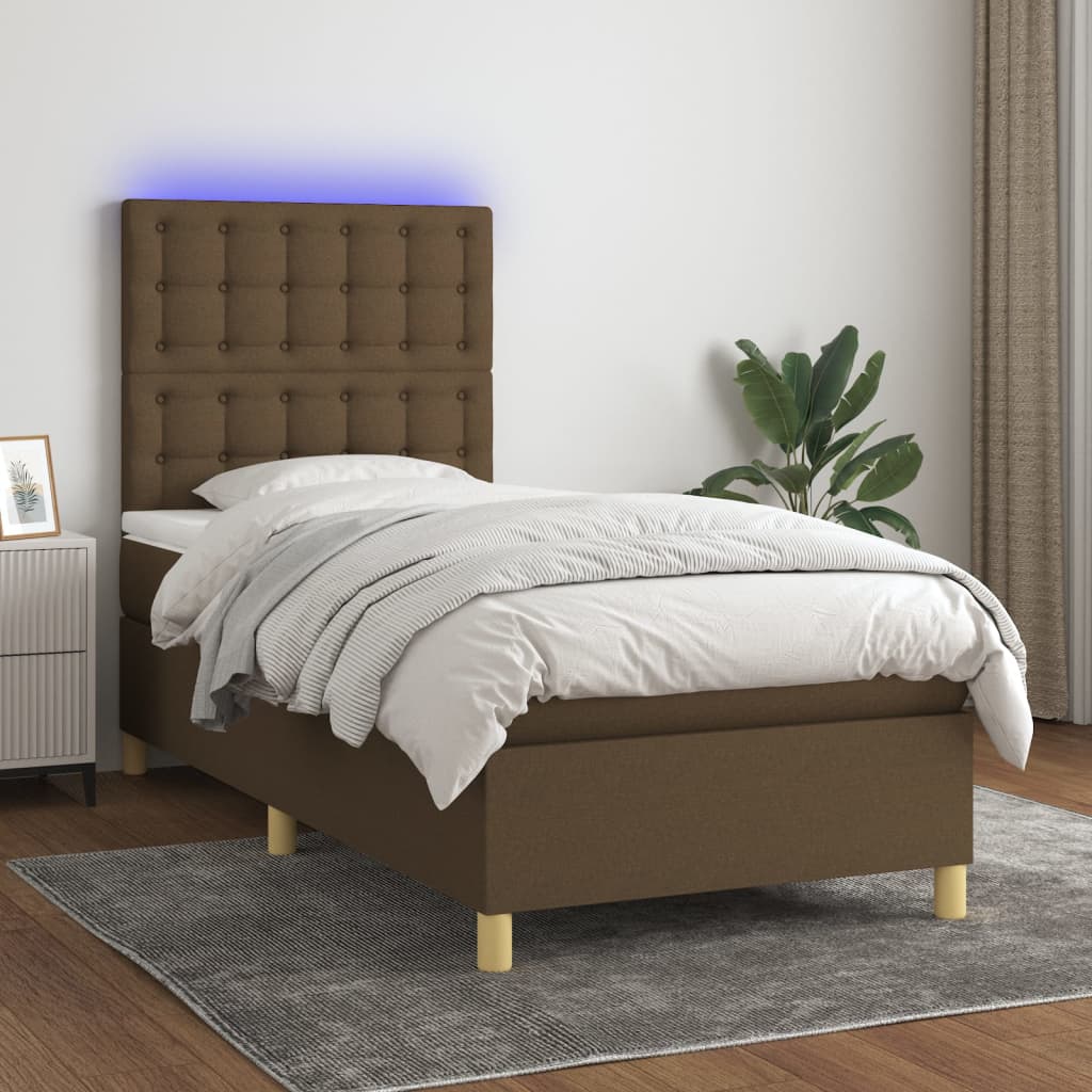 Krevet box spring s madracem LED tamnosmeđi 90x200 cm tkanina