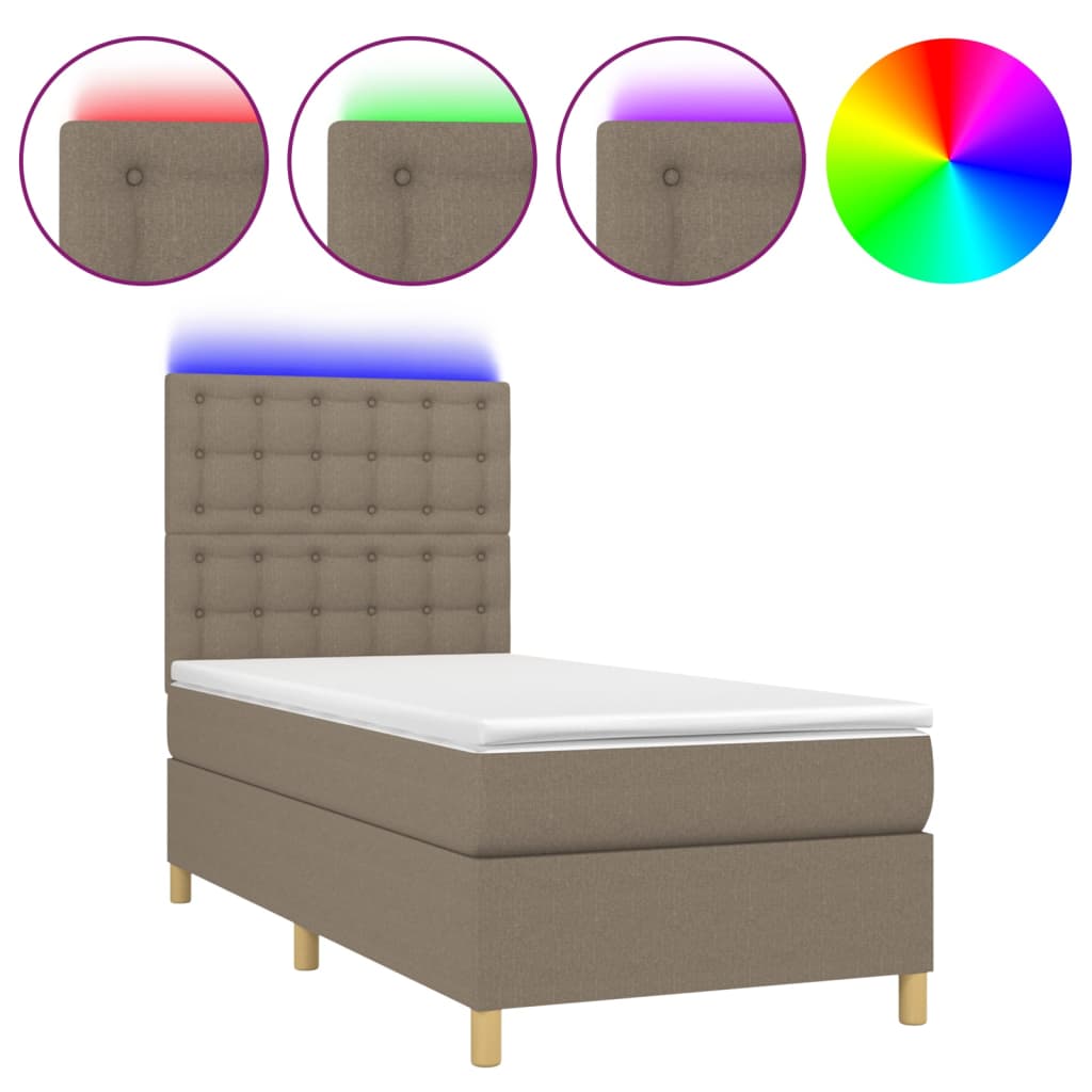 Krevet box spring s madracem LED smeđesivi 90x200 cm tkanina