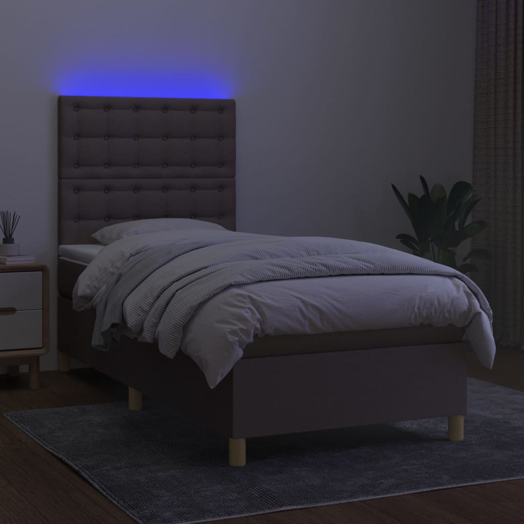 Krevet box spring s madracem LED smeđesivi 90x200 cm tkanina