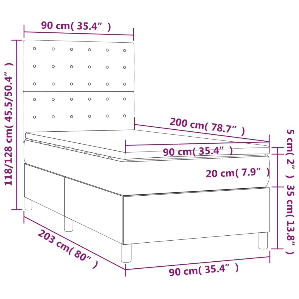 Krevet box spring s madracem LED smeđesivi 90x200 cm tkanina