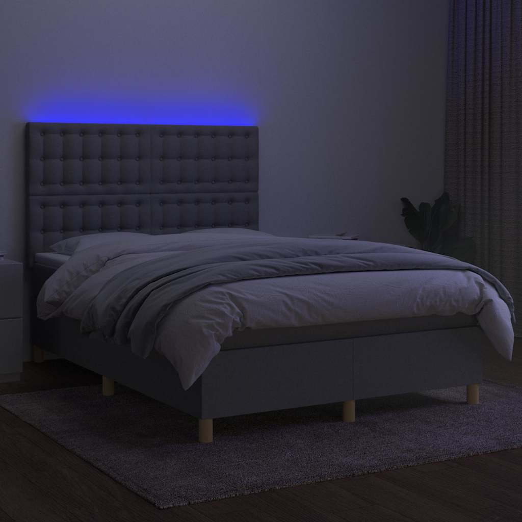 Krevet box spring s madracem LED svjetlosivi 140x190 cm tkanina