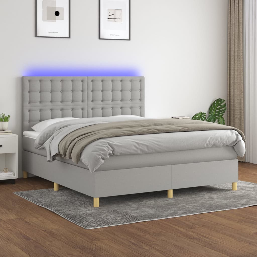 Krevet box spring s madracem LED svjetlosivi 160x200 cm tkanina