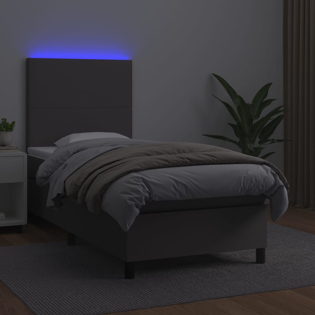 Krevet box spring s madracem LED sivi 80x200 cm od umjetne kože