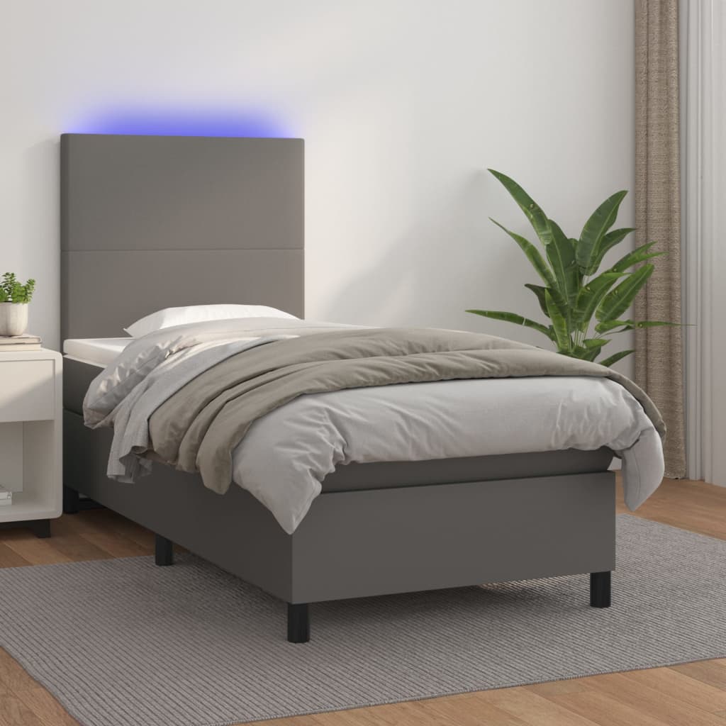 Krevet box spring s madracem LED sivi 80x200 cm od umjetne kože