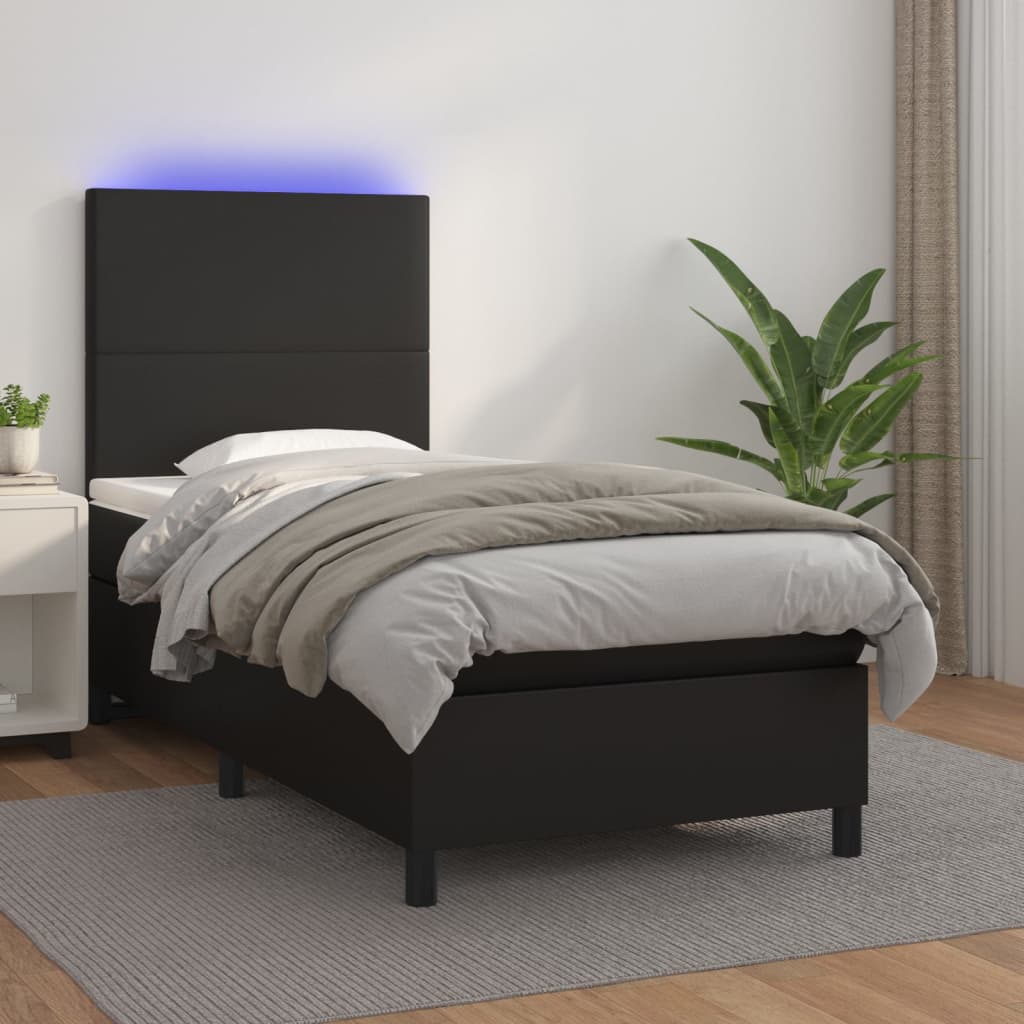 Krevet box spring s madracem LED crni 90x200 cm od umjetne kože