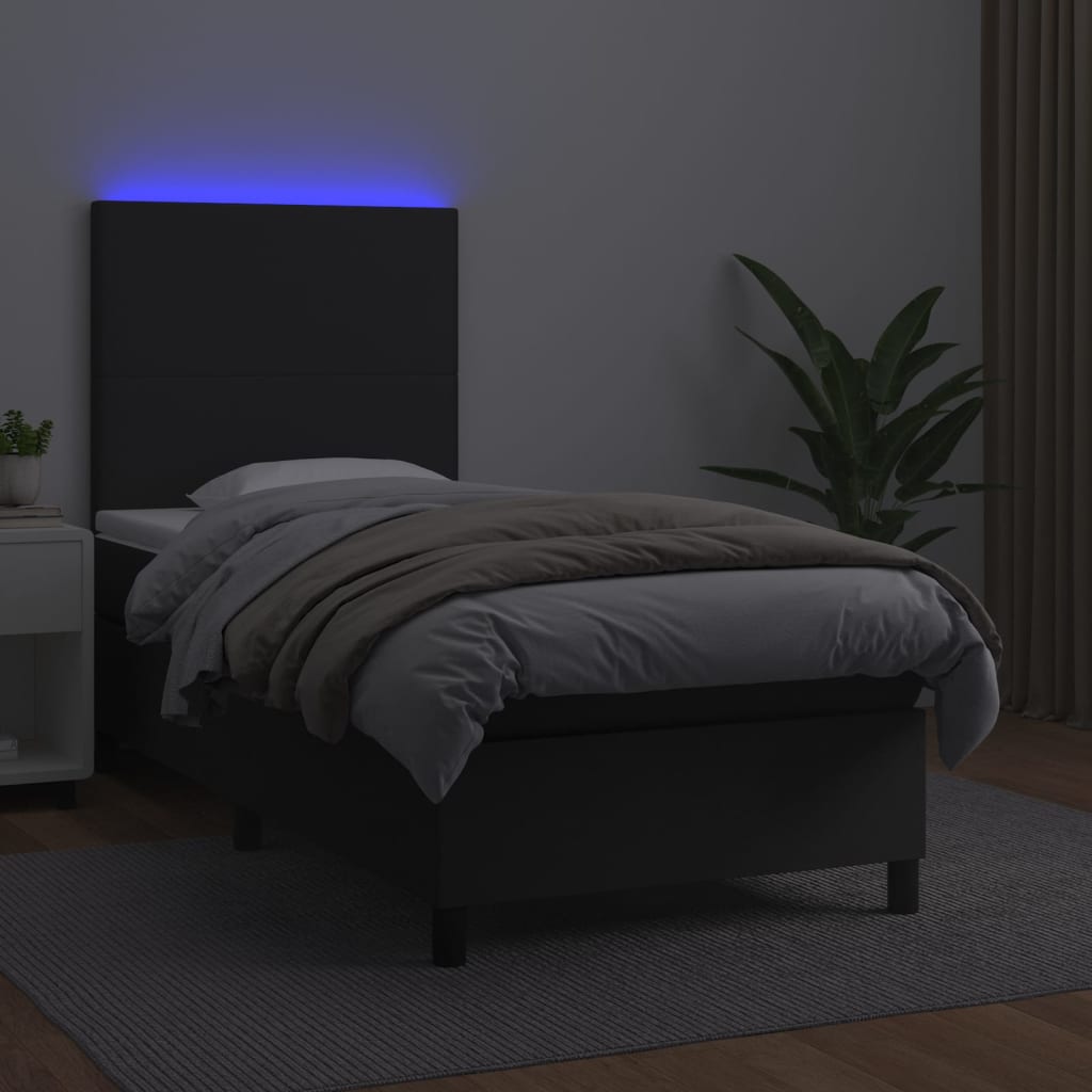 Krevet box spring s madracem LED crni 100x200cm od umjetne kože