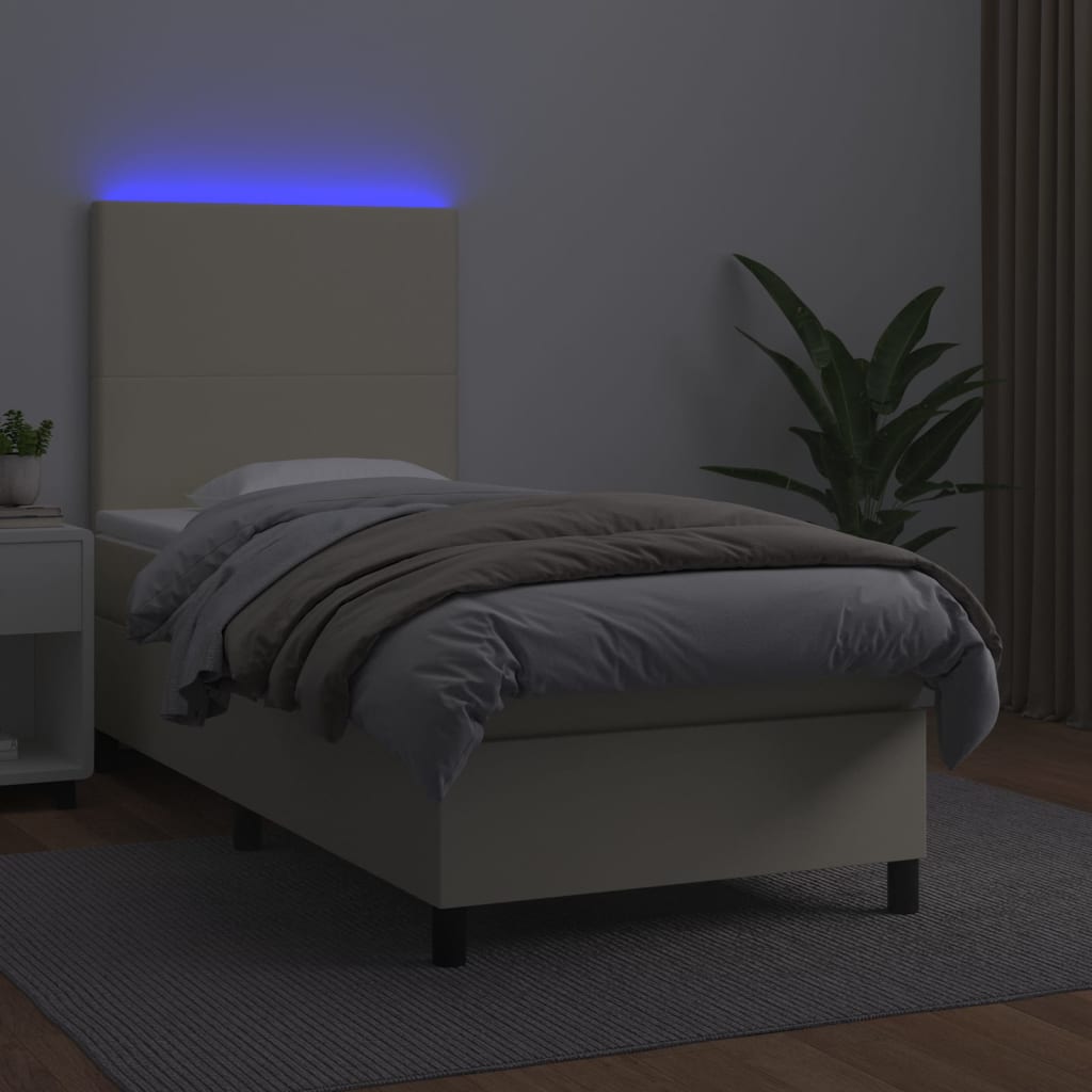 Krevet box spring s madracem LED krem 100x200cm od umjetne kože