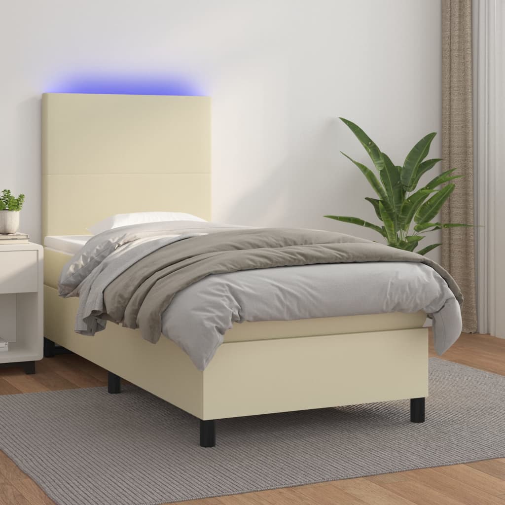 Krevet box spring s madracem LED krem 100x200cm od umjetne kože