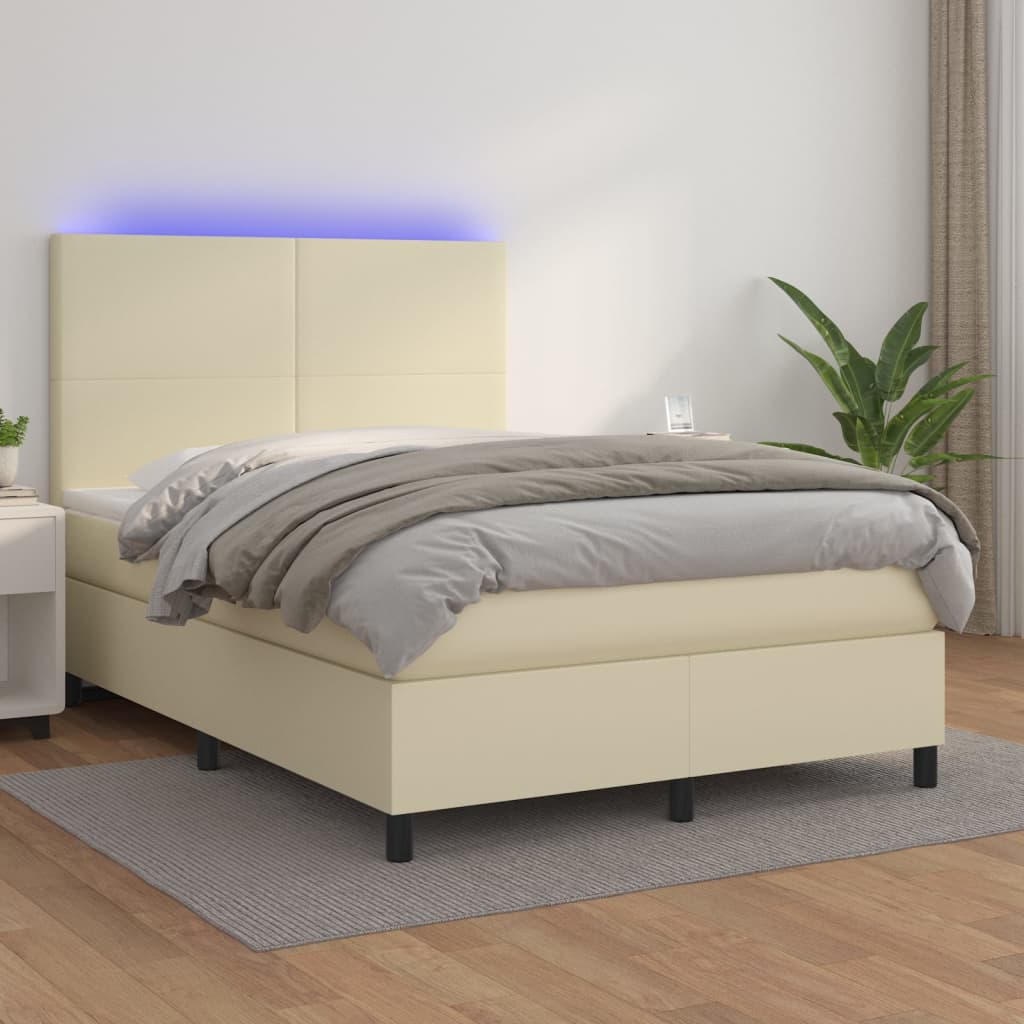 Krevet box spring s madracem LED krem 140x200cm od umjetne kože