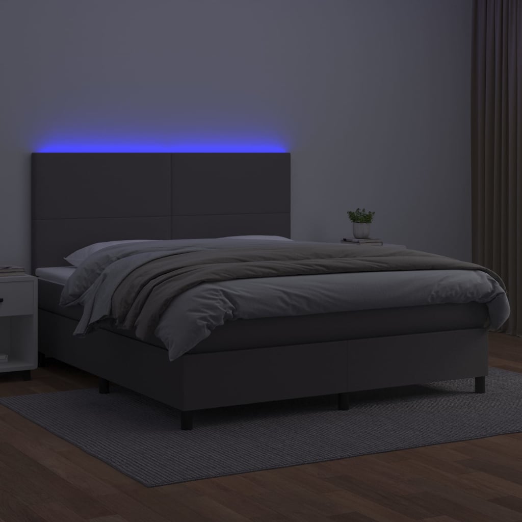 Krevet box spring s madracem LED sivi 160x200cm od umjetne kože