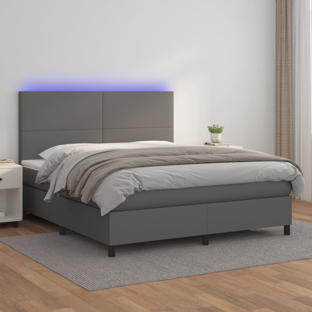 Krevet box spring s madracem LED sivi 160x200cm od umjetne kože