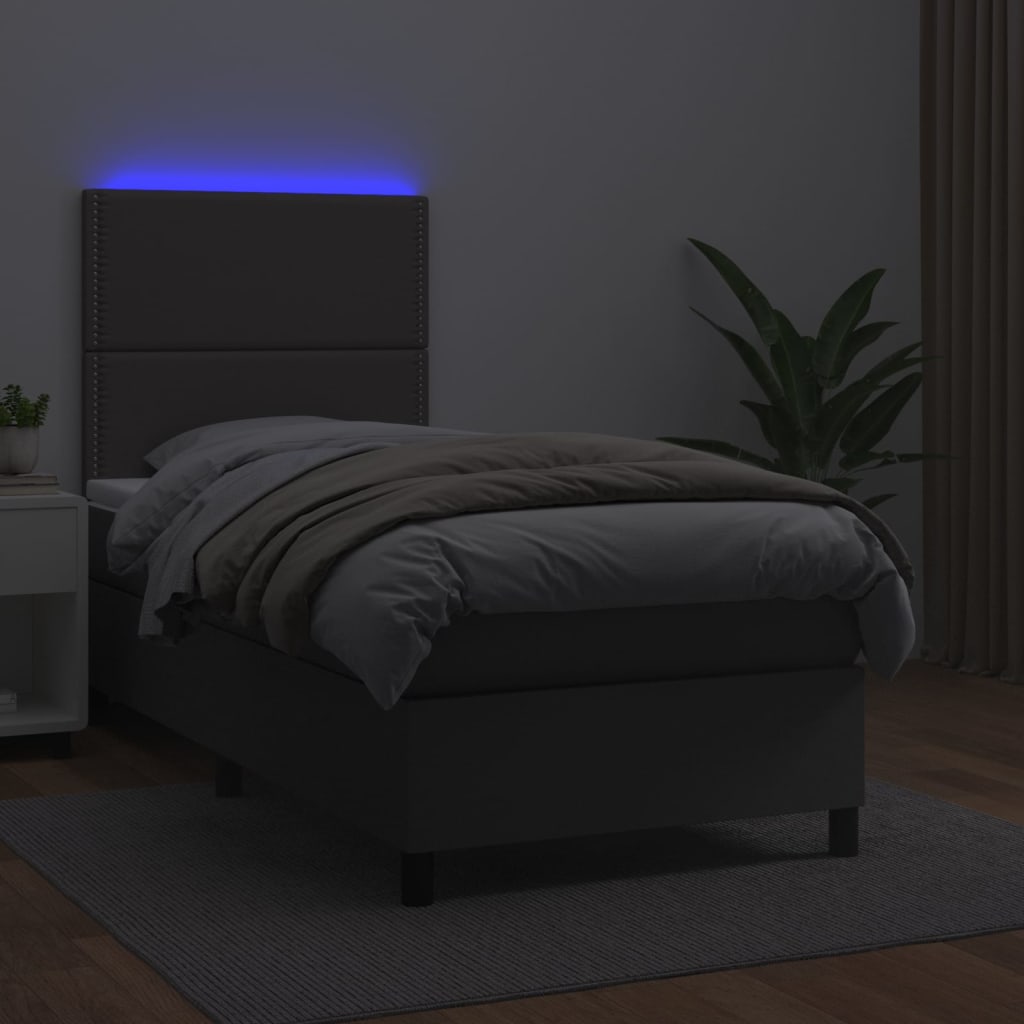 Krevet box spring s madracem LED sivi 90x190 cm od umjetne kože