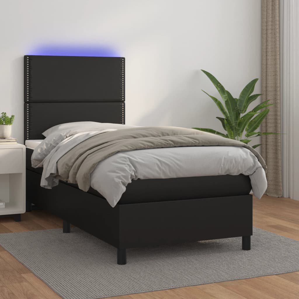 Krevet box spring s madracem LED crni 100x200cm od umjetne kože