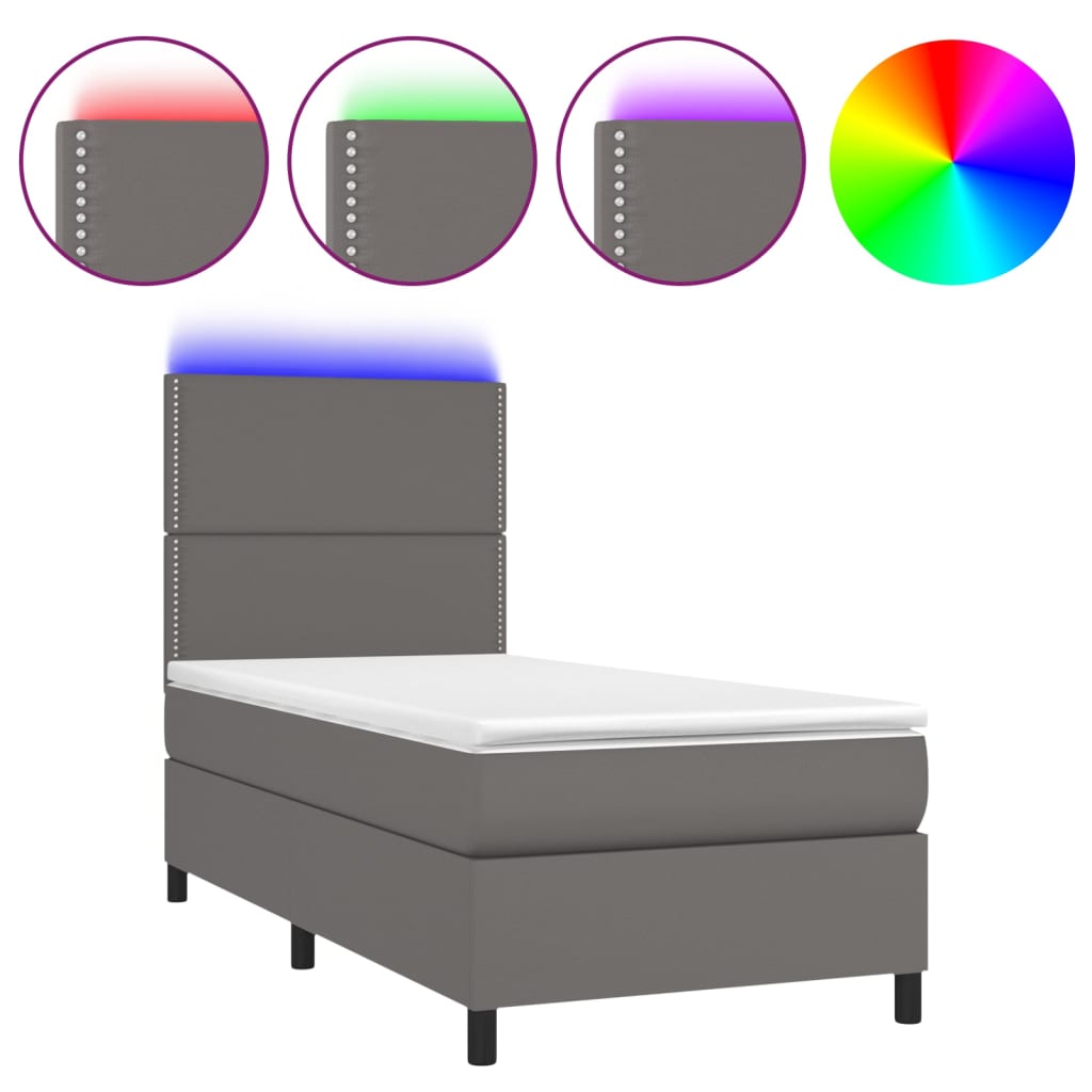Krevet box spring s madracem LED sivi 100x200cm od umjetne kože