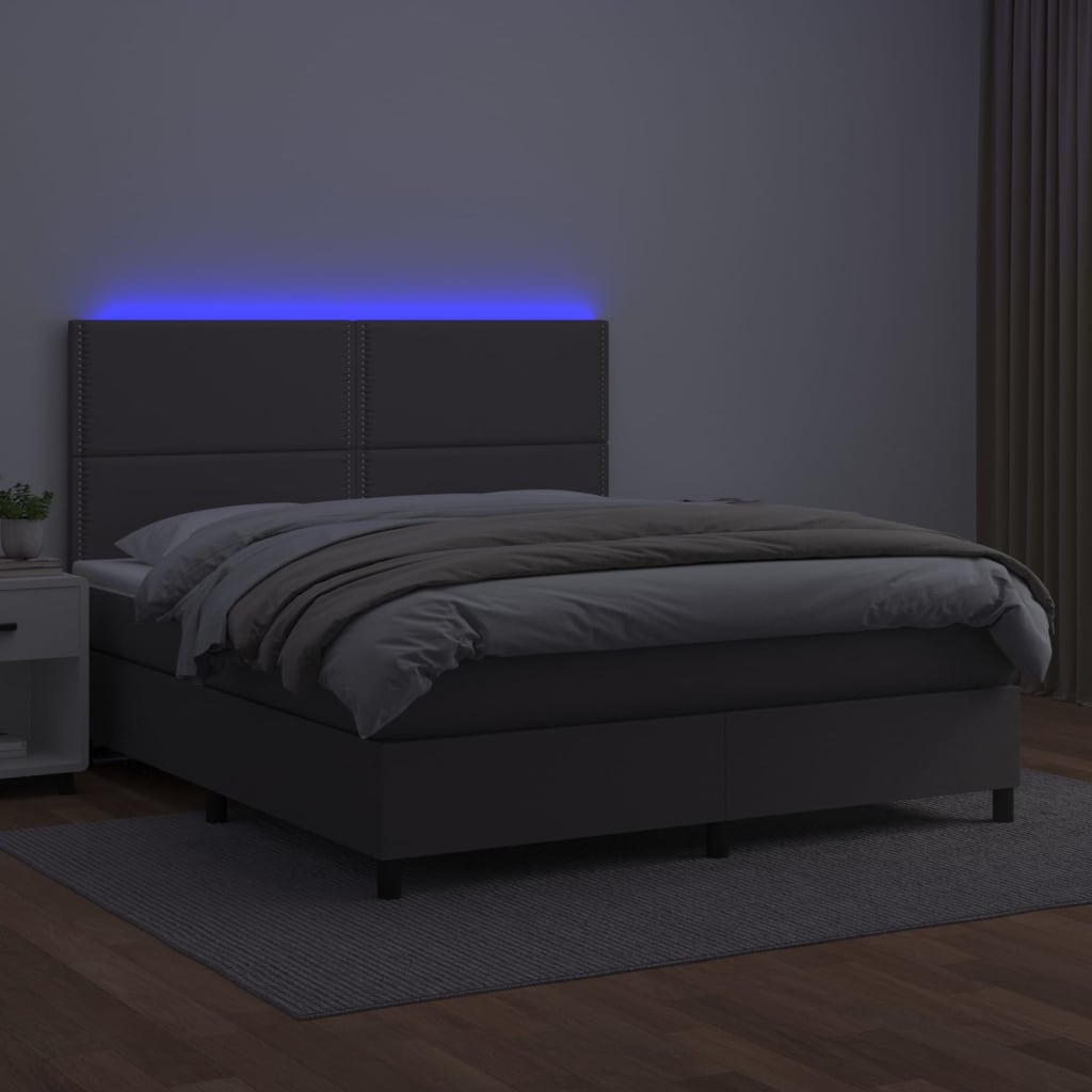 Krevet box spring s madracem LED sivi 180x200cm od umjetne kože
