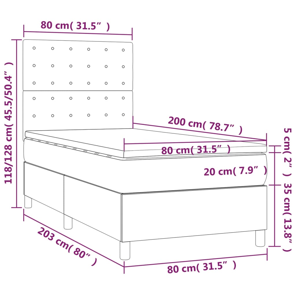 Krevet box spring s madracem LED sivi 80x200 cm od umjetne kože