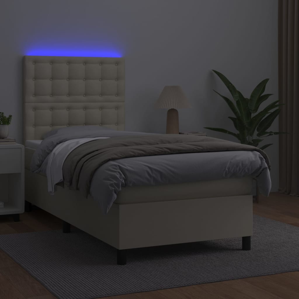 Krevet box spring s madracem LED krem 90x190 cm od umjetne kože