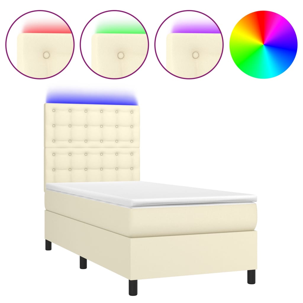 Krevet box spring s madracem LED krem 90x200 cm od umjetne kože