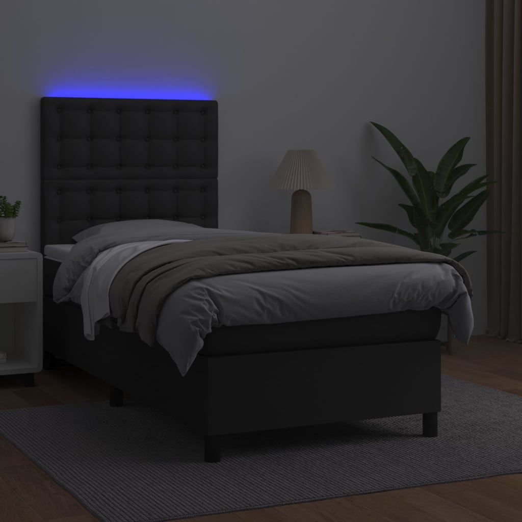 Krevet box spring s madracem LED crni 100x200cm od umjetne kože