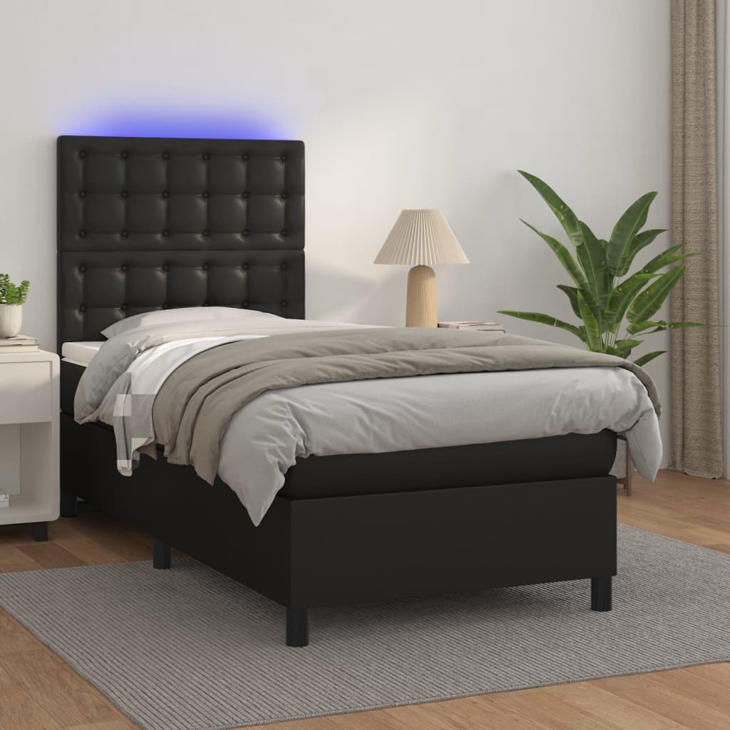Krevet box spring s madracem LED crni 100x200cm od umjetne kože