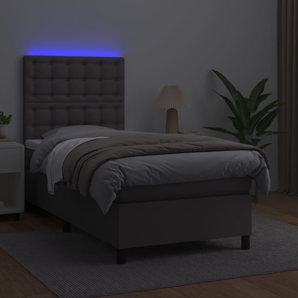 Krevet box spring s madracem LED sivi 100x200cm od umjetne kože