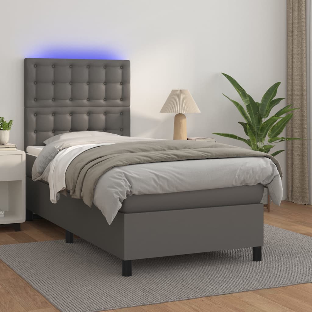 Krevet box spring s madracem LED sivi 100x200cm od umjetne kože