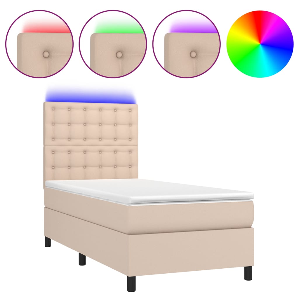 Krevet box spring madrac LED cappuccino 100x200cm umjetna koža