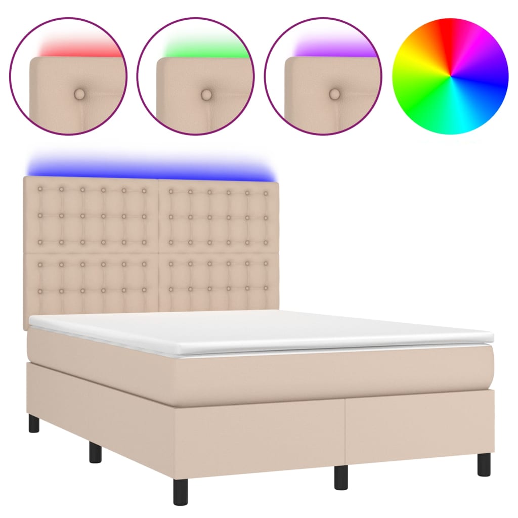 Krevet box spring madrac LED cappuccino 140x190cm umjetna koža