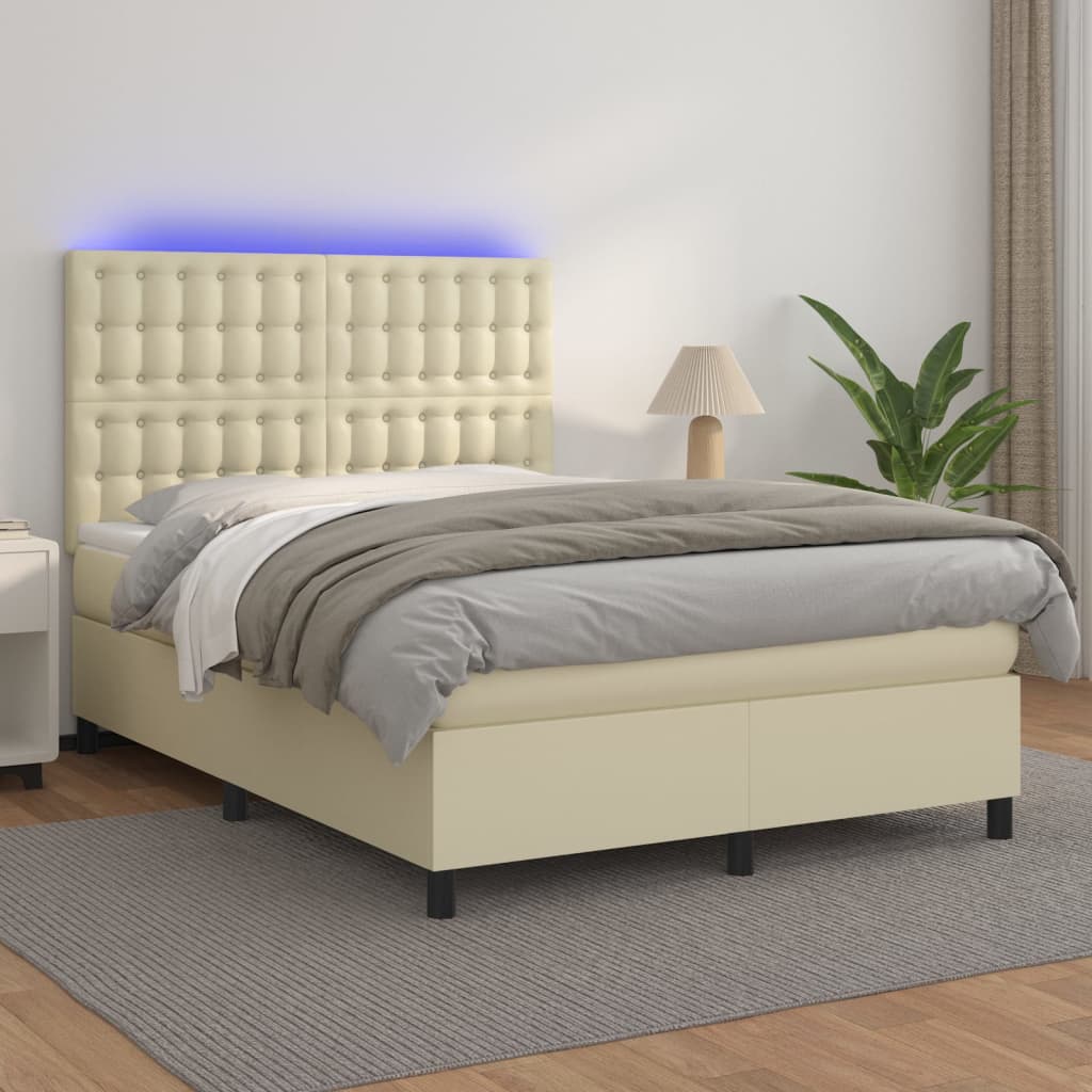 Krevet box spring s madracem LED krem 140x200cm od umjetne kože