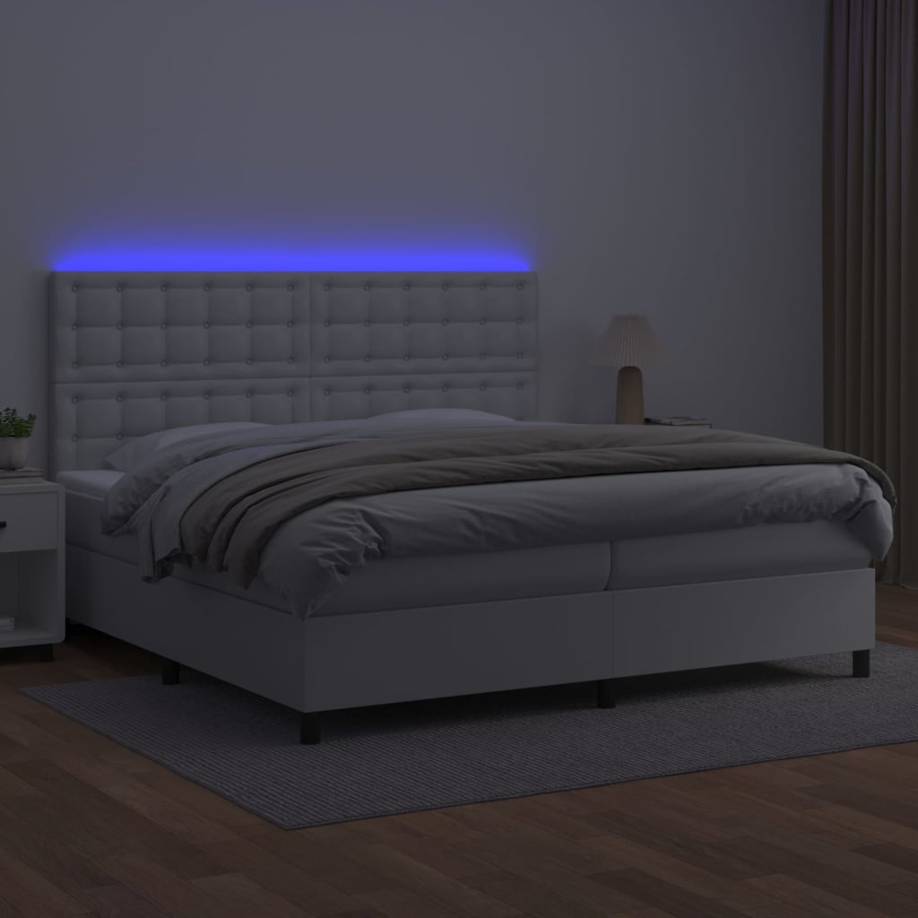 Krevet box spring s madracem LED bijeli 200x200 cm umjetna koža