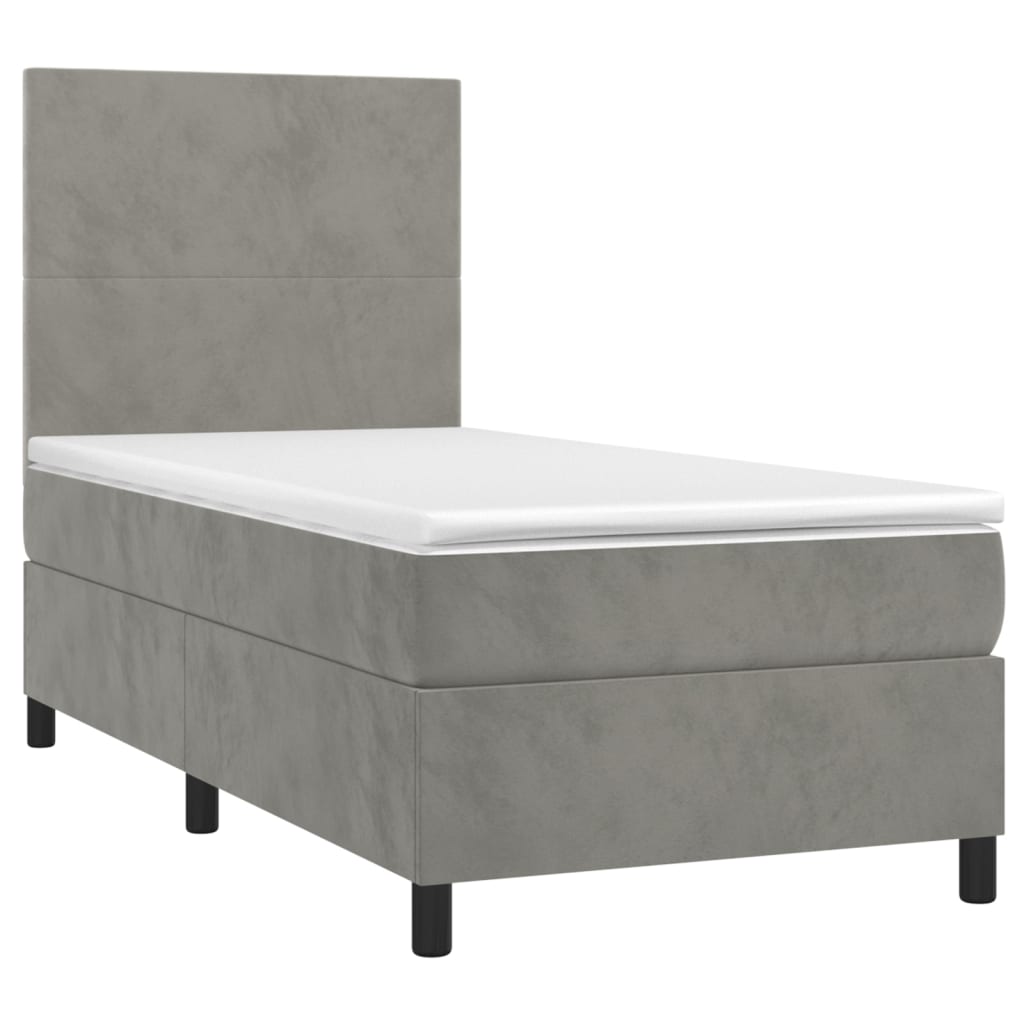 Krevet box spring s madracem LED svjetlosivi 90x190 cm baršun