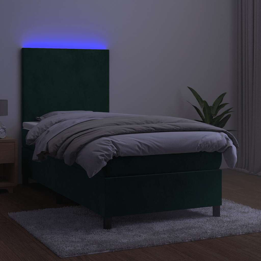 Krevet box spring s madracem LED tamnozeleni 90x190 cm baršun