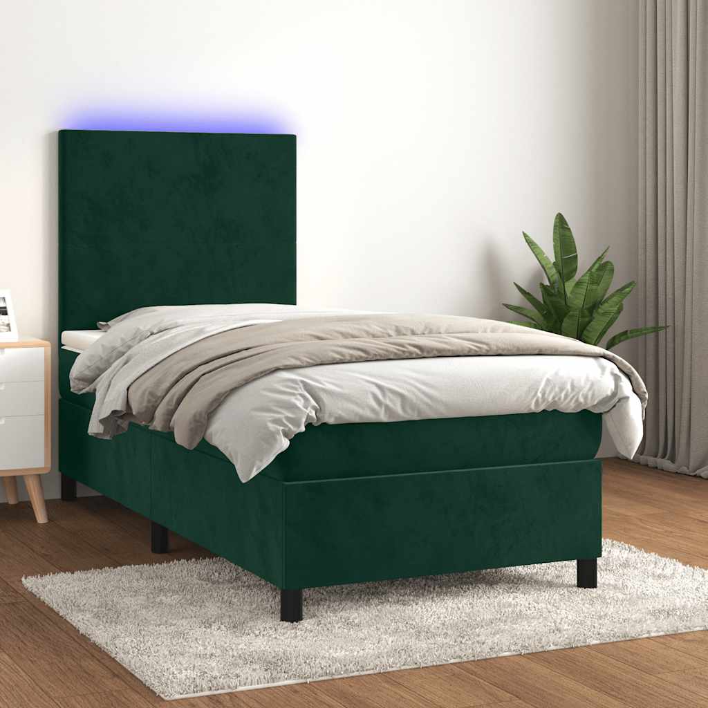 Krevet box spring s madracem LED tamnozeleni 90x200 cm baršun