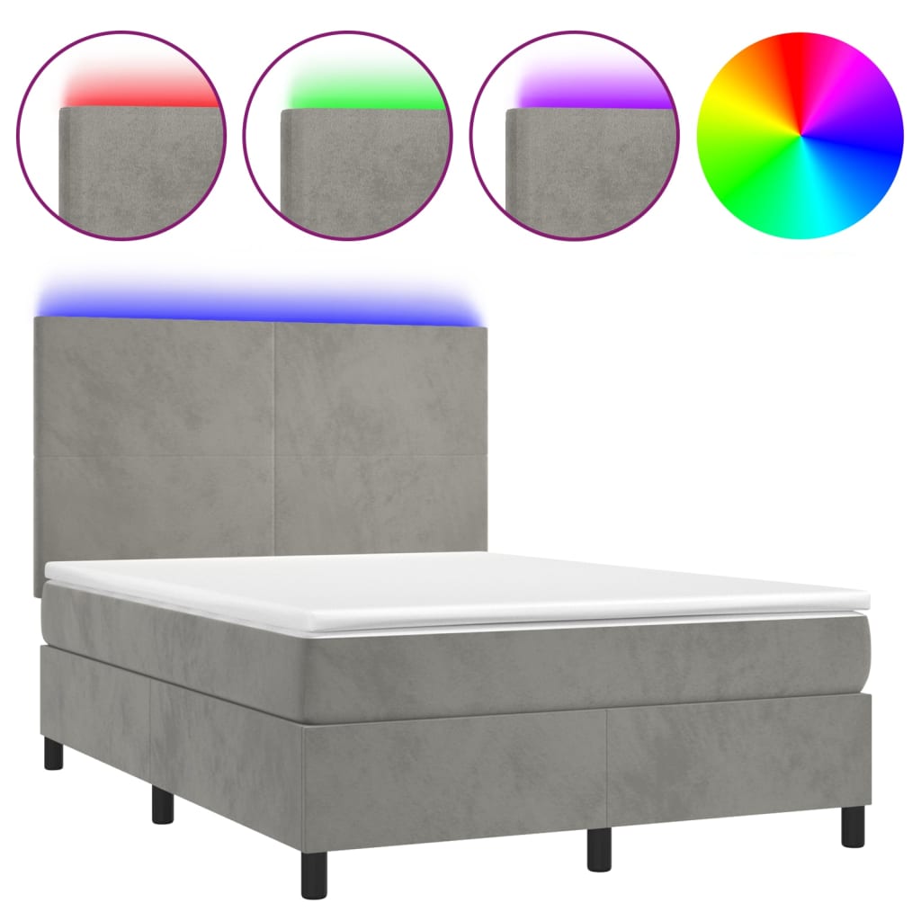 Krevet box spring s madracem LED svjetlosivi 140x190 cm baršun
