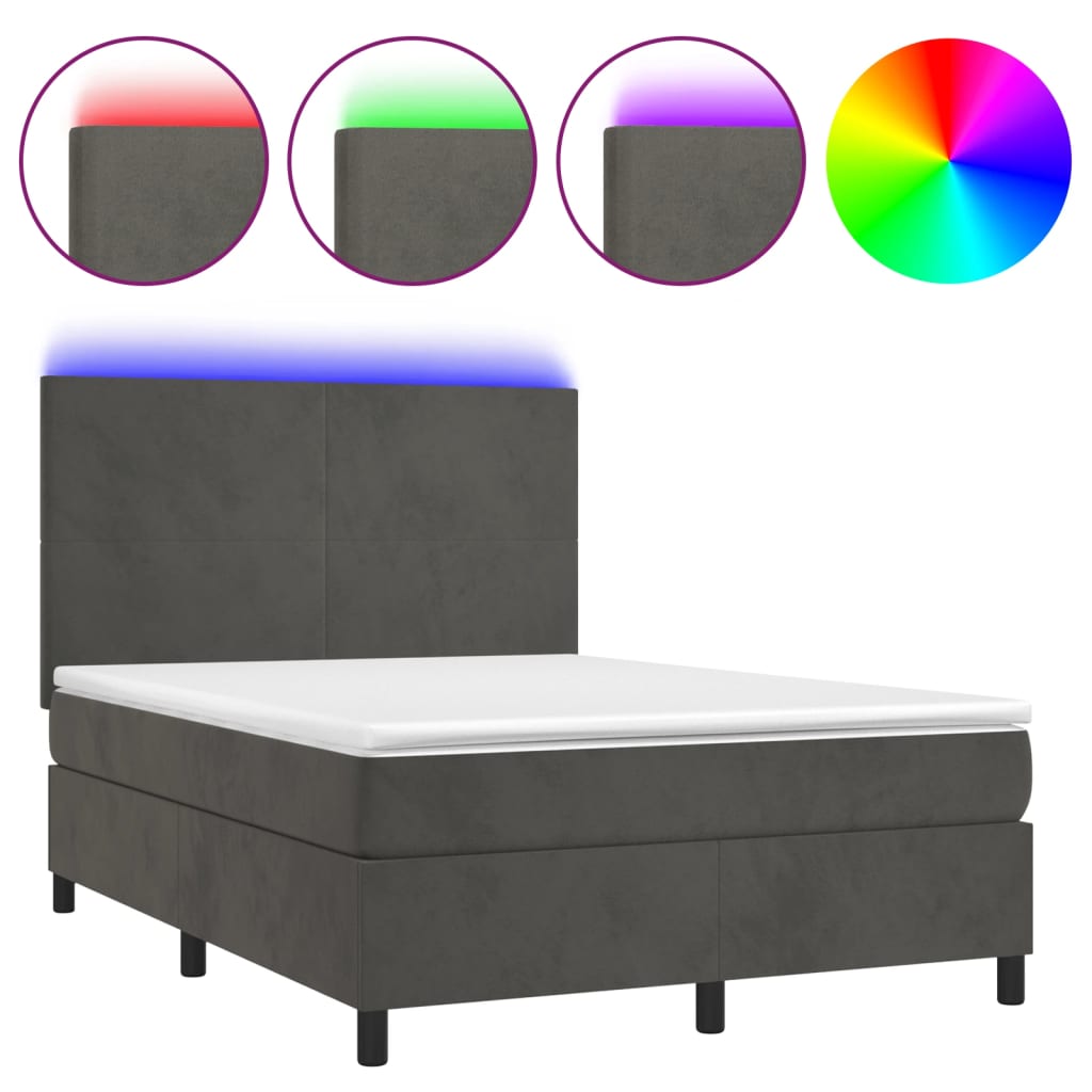 Krevet box spring s madracem LED tamnosivi 140x190 cm baršun