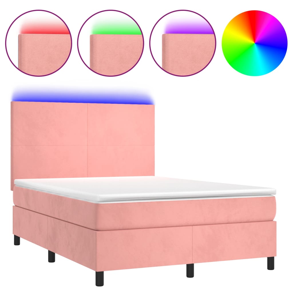 Krevet box spring s madracem LED ružičasti 140x190cm baršunasti