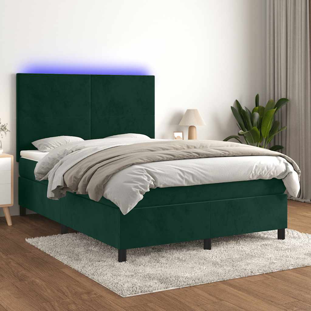 Krevet box spring s madracem LED tamnozeleni 140x200 cm baršun