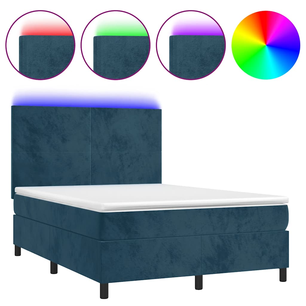 Krevet box spring s madracem LED tamnoplavi 140x200 cm baršun