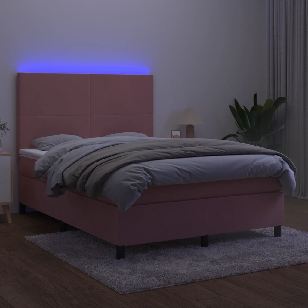 Krevet box spring s madracem LED ružičasti 140x200cm baršunasti